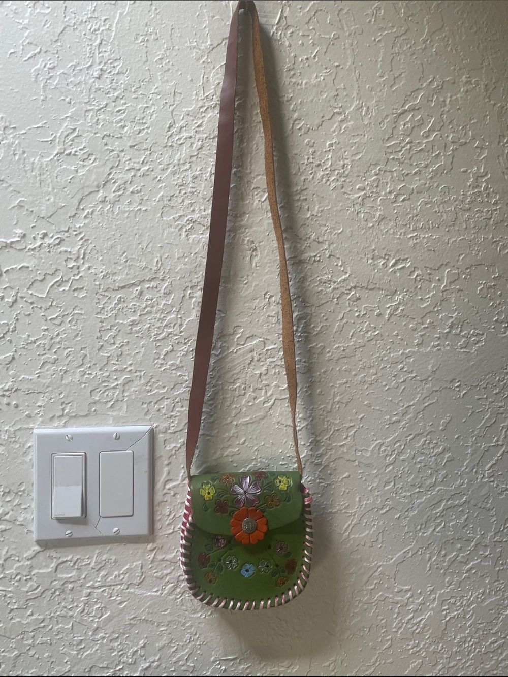 Green Floral Crossbody Bag with Brown Strap
